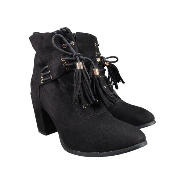 Rush Shoes Womens 8 Booties Fashion Block Heel Lace Up Elvis Tassel Black Zip - Picture 1 of 15